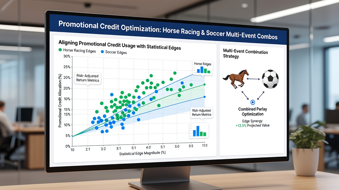 Data visualization of multi-event betting combinations with overlaid statistical edge indicators for horse racing and soccer