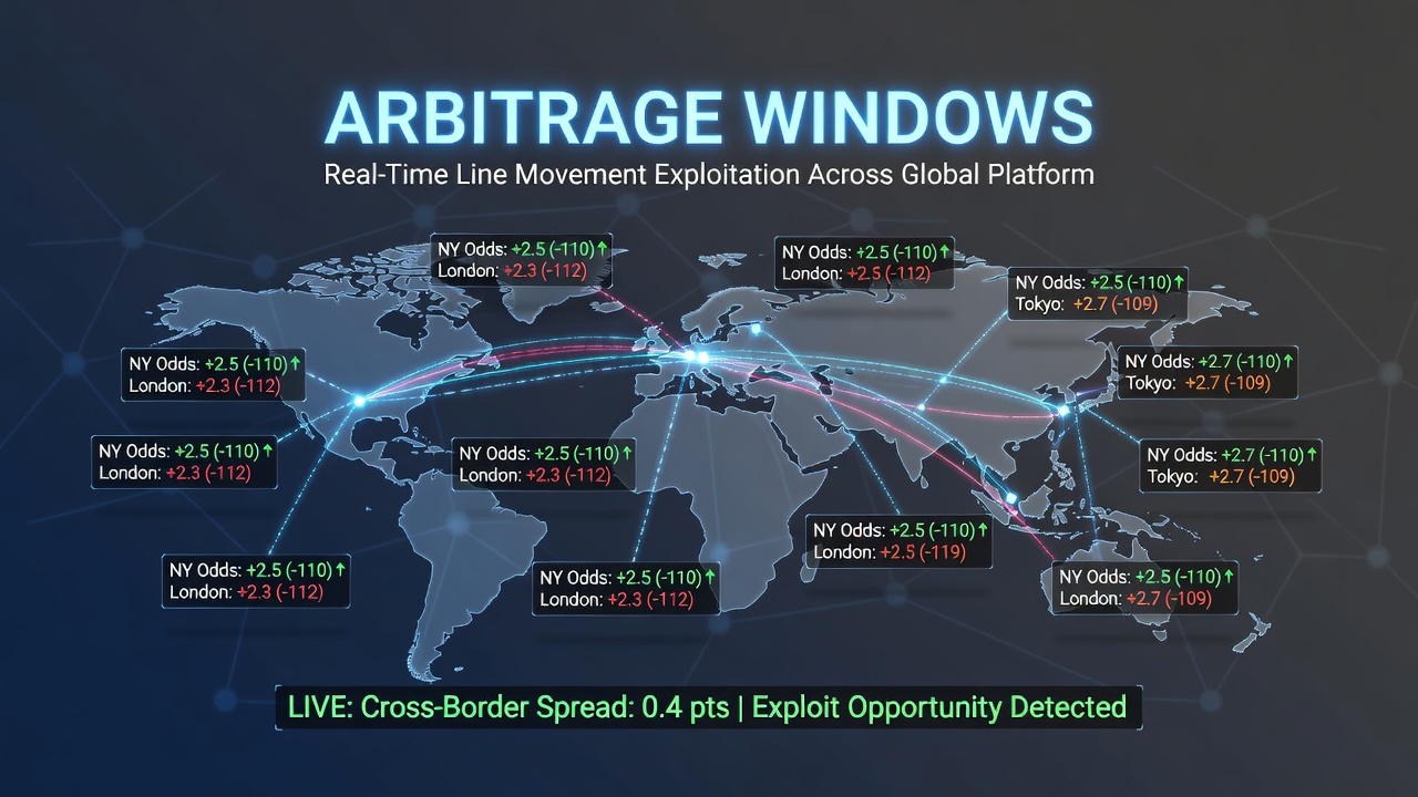 Real-time dashboard showing cross-border line movements and arbitrage alerts on global betting exchanges