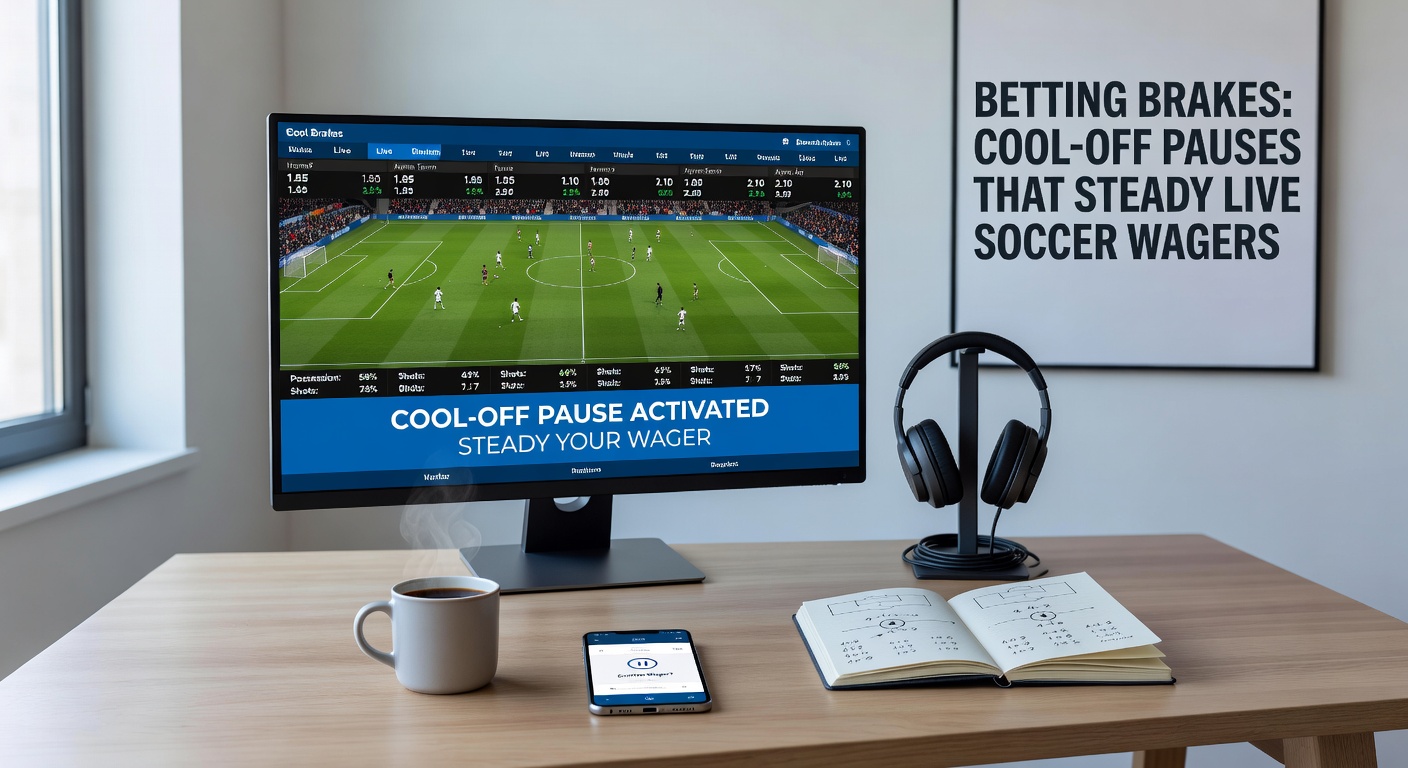 A soccer player pauses mid-match while a digital betting interface shows a cool-off timer in the background, illustrating restraint in live wagers