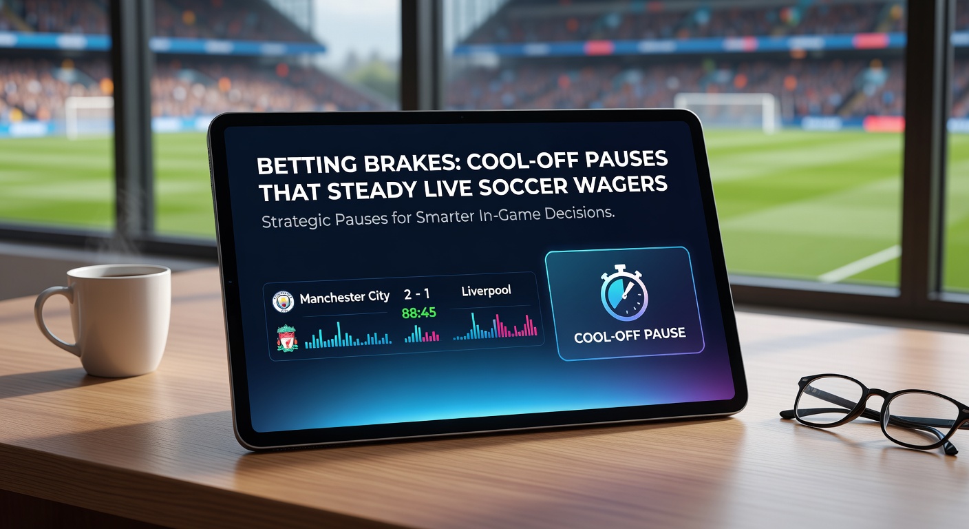 Digital dashboard of a betting app with a prominent cool-off timer overlay on a live soccer scoreline, highlighting paused wager options amid ongoing match action