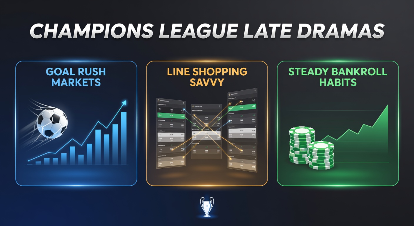 Dramatic late goal celebration in a Champions League match under floodlights, capturing the tension of stoppage time action