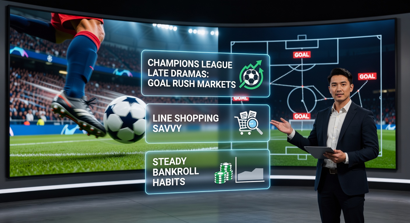 Split-screen view of betting interfaces displaying Champions League odds comparisons, highlighting line shopping opportunities during a live match