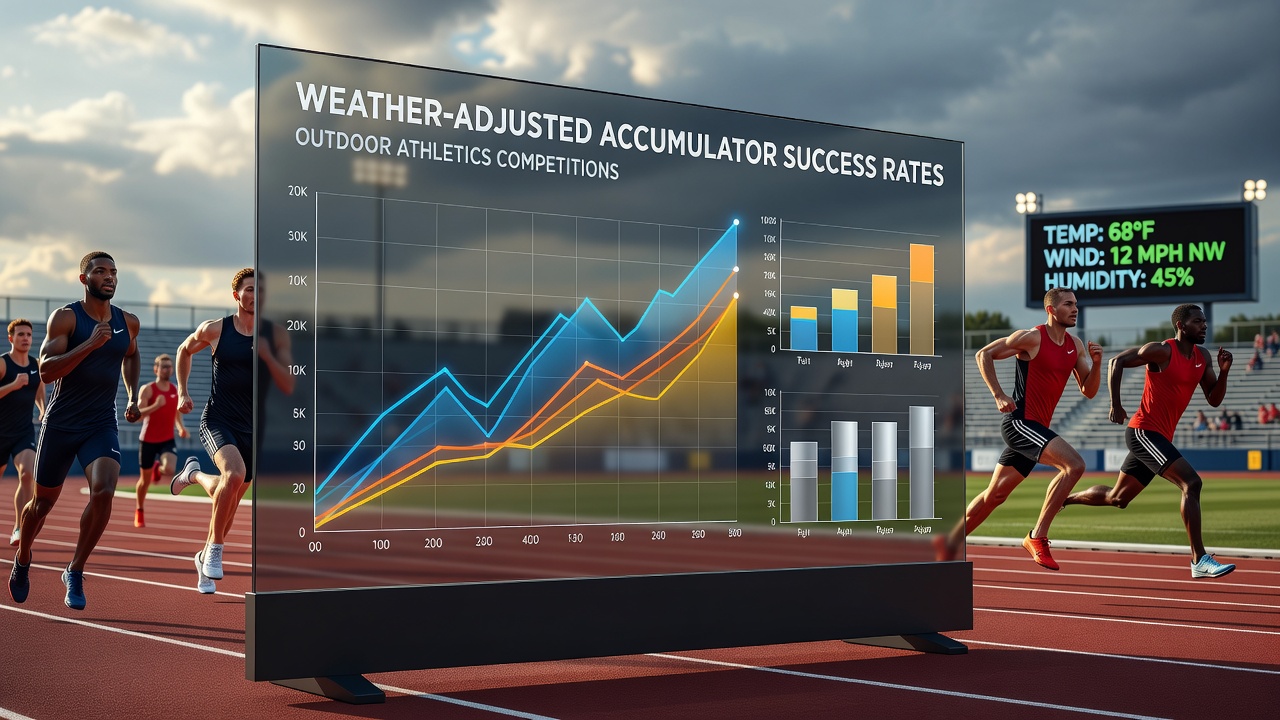 Athletes competing on a track under varying weather conditions with data overlays showing wind and temperature metrics