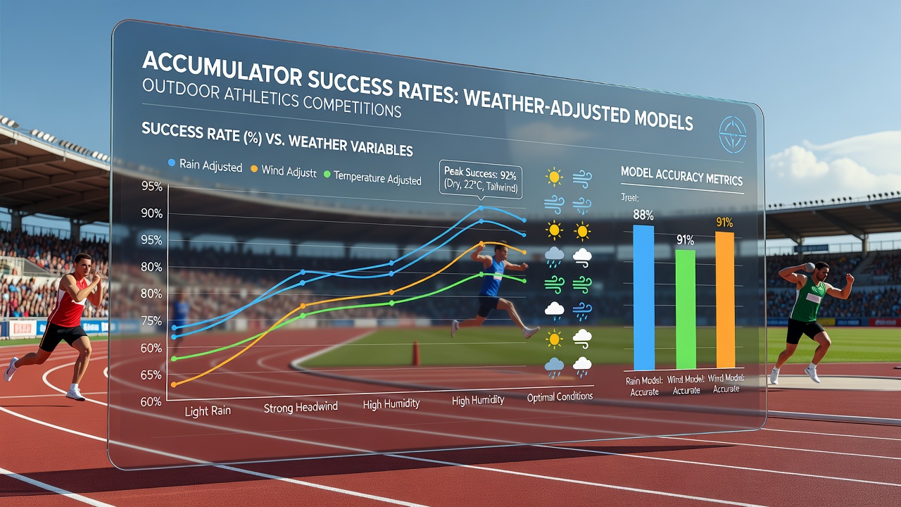 Data visualization screen displaying accumulator success charts overlaid with weather adjustment graphs for athletics events