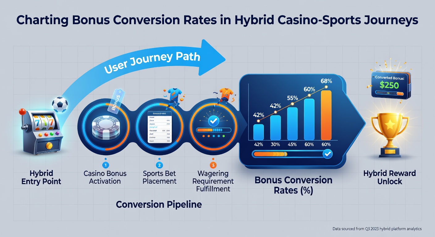 Chart comparing conversion percentages for casino-to-sports bonus flows across different regions and operators