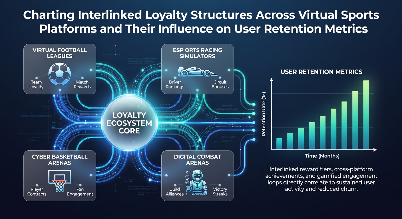 Visual diagram showing interconnected loyalty points flowing between virtual football, tennis, and racing platforms with retention metric arrows