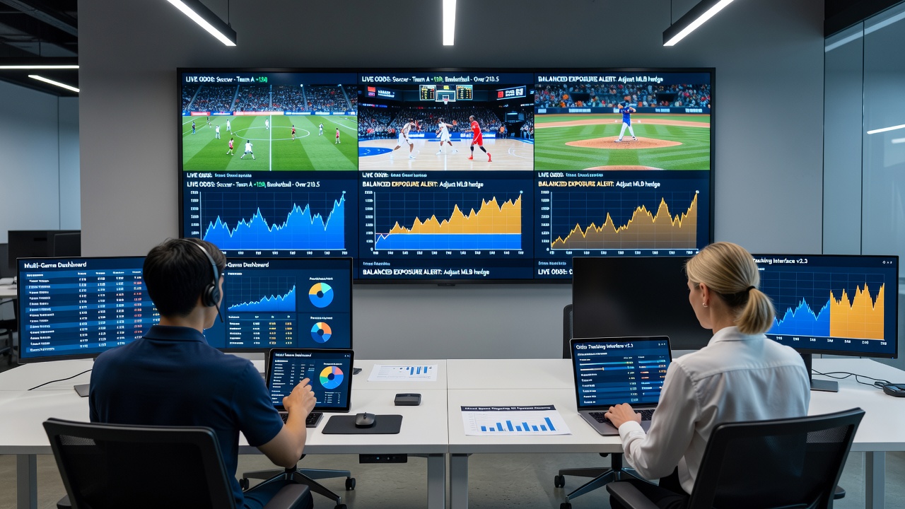 Split-screen display showing balanced stake allocation across football, golf, and darts events