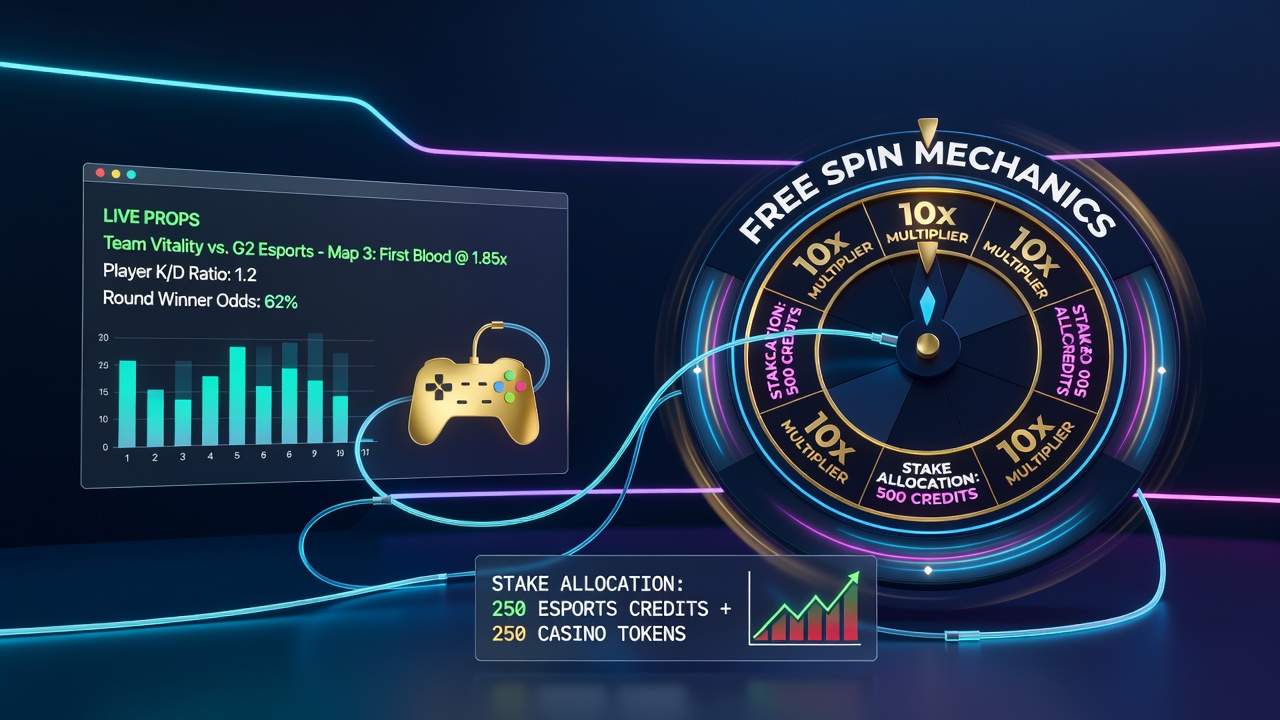 Esports arena with live prop betting overlays next to casino slot interfaces showing free spin mechanics
