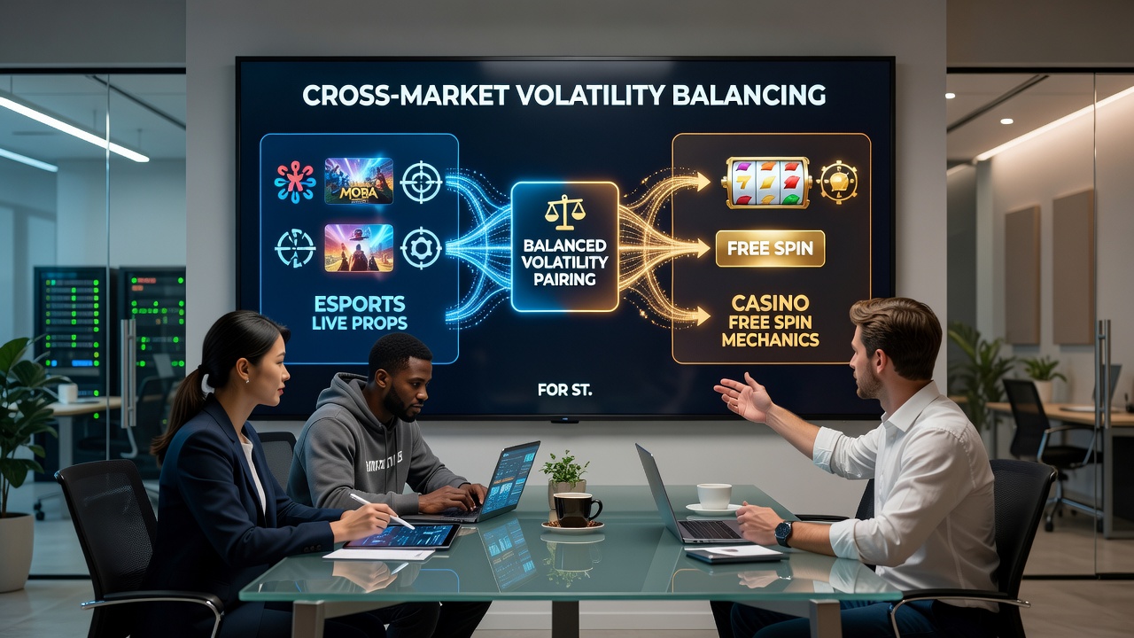 Split screen showing live esports prop dashboard alongside free spin counter and stake allocation sliders