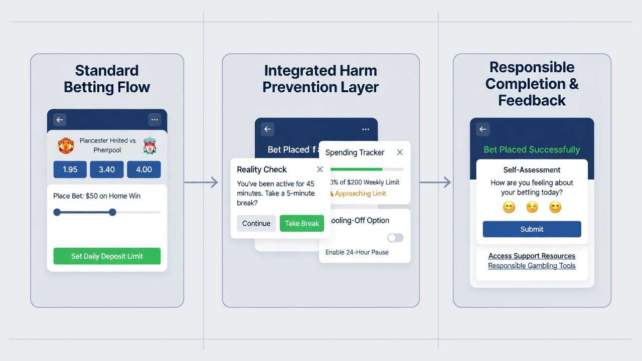 Desktop sportsbook dashboard with behavioral alert banner and self-exclusion toggle integrated beside the bet history panel