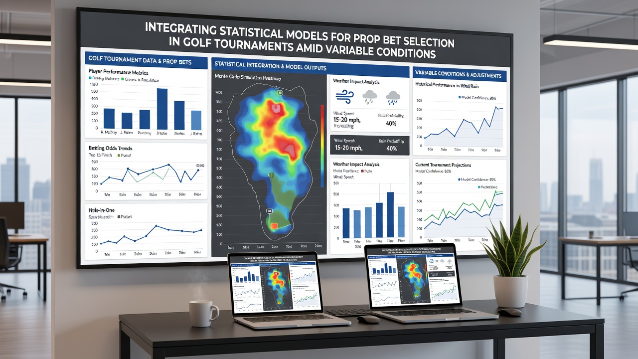 Analysts reviewing golf statistics on multiple screens during a tournament with weather data integration