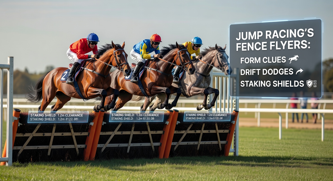 A horse soaring effortlessly over a steeplechase fence during a rainy afternoon race, highlighting the precision required in jump racing