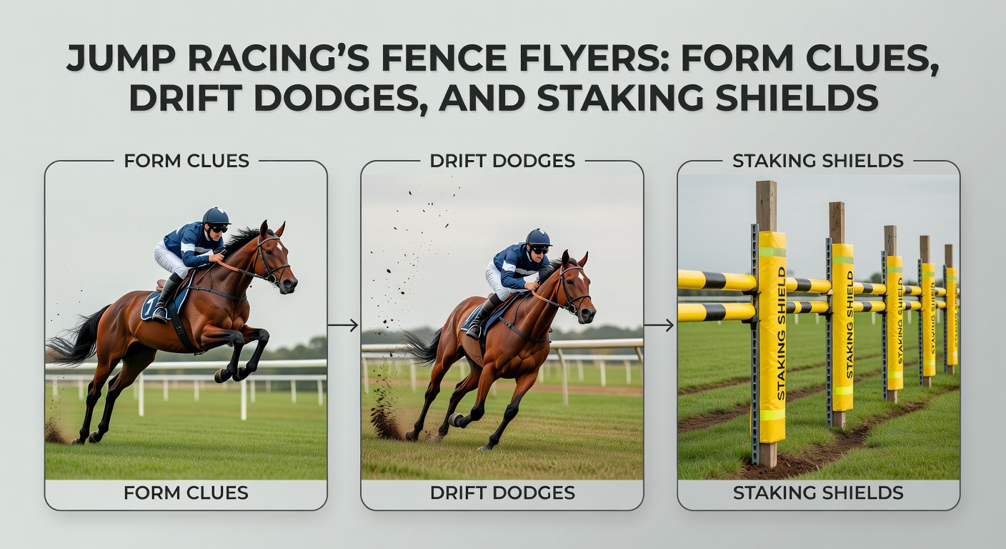 Close-up of a field of jump racers navigating a tight sequence of hurdles, with spray kicking up from wet turf under dramatic skies