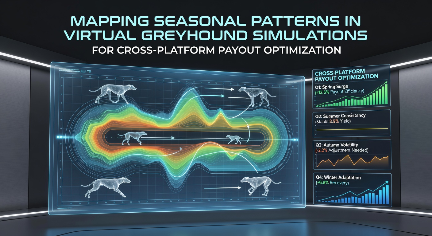 Virtual greyhound simulation interface showing seasonal data overlays and payout metrics across multiple platforms