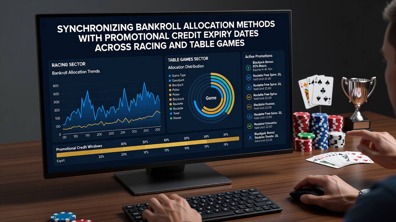 Bankroll management tools and promotional credit calendars displayed alongside racing forms and table game layouts