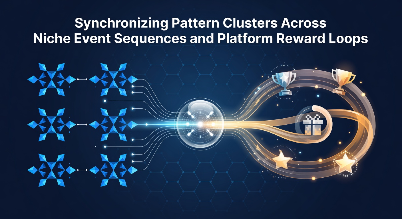 Abstract visualization of synchronized data clusters flowing through event sequences and reward loops on digital platforms