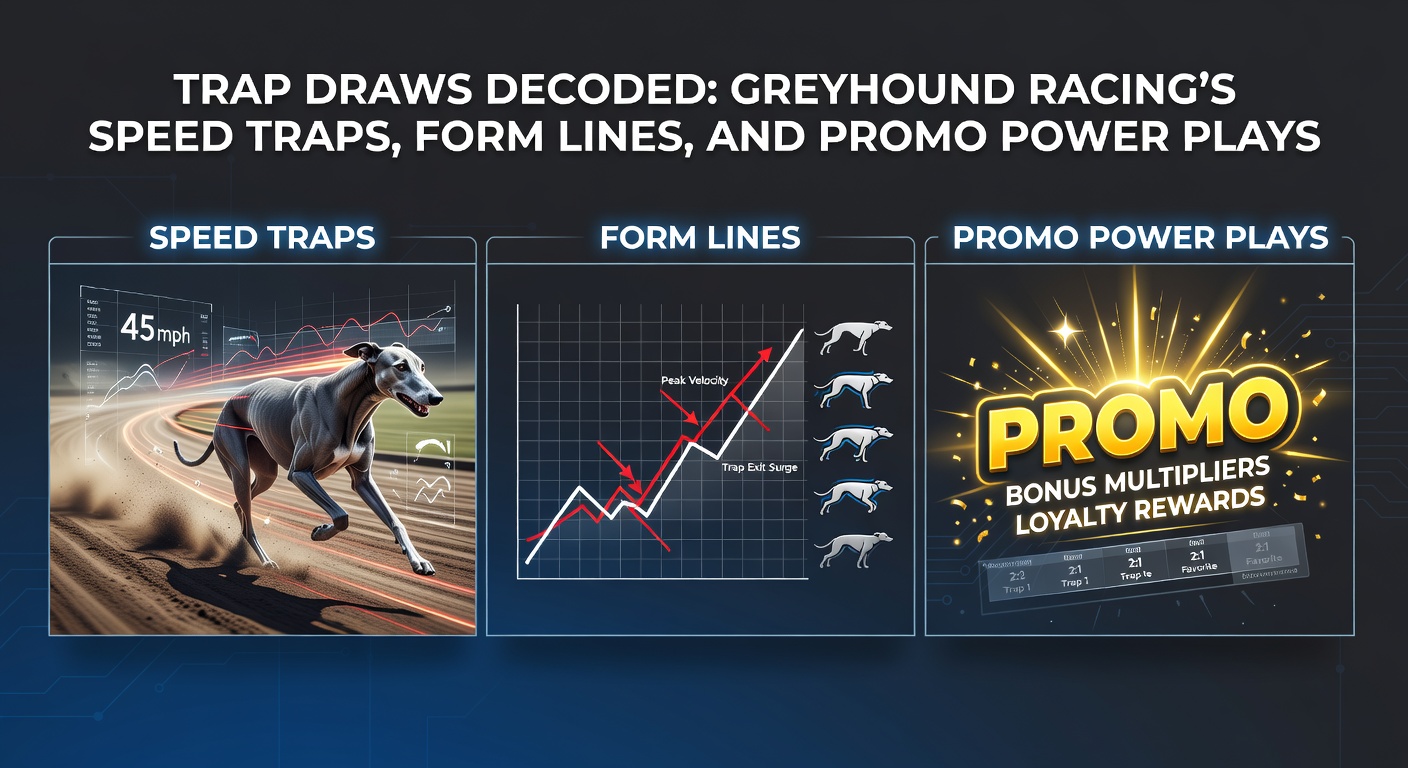 Greyhound dogs bursting from traps at the start of a race, showcasing trap draw dynamics