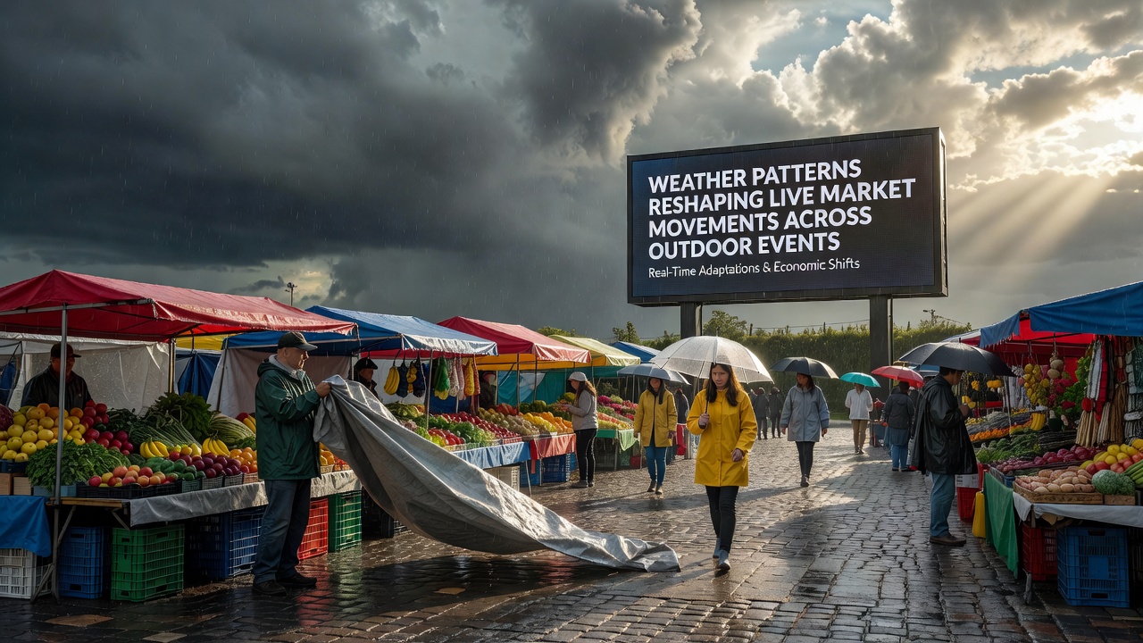 Weather patterns affecting outdoor event betting markets with storm clouds over a sports venue